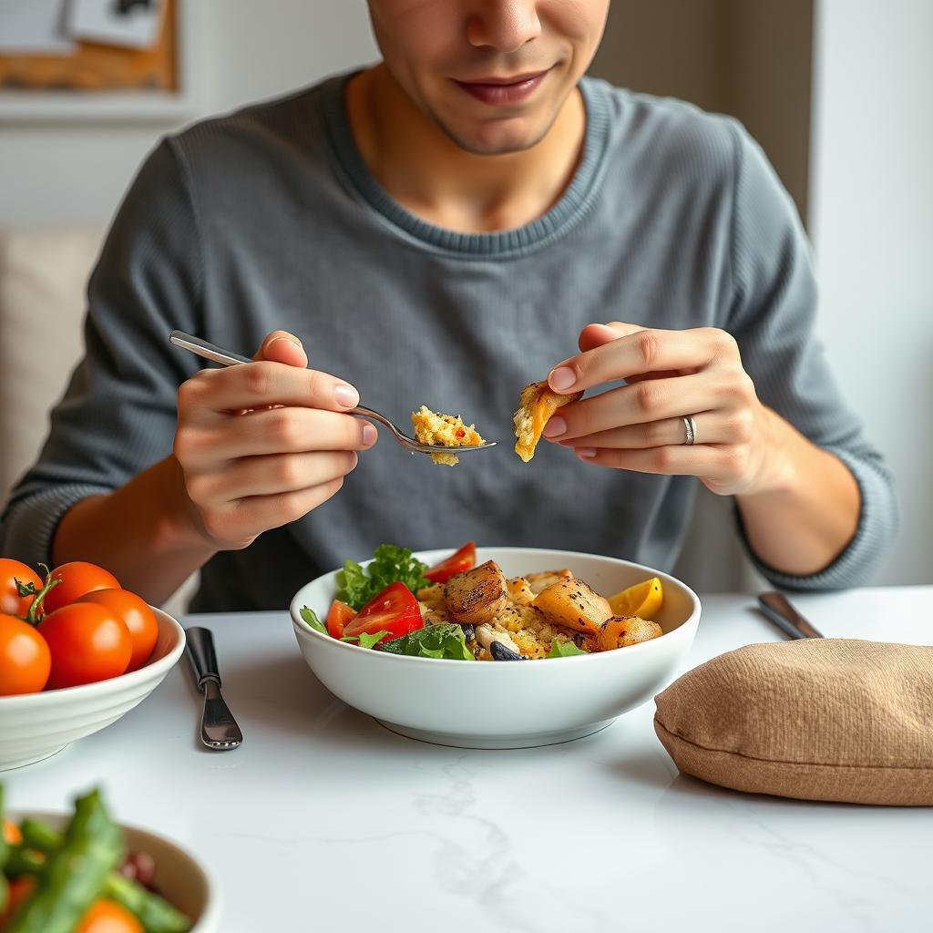 천천히 꼭꼭 씹어 식사하며 건강한 소화 습관을 실천하는 모습