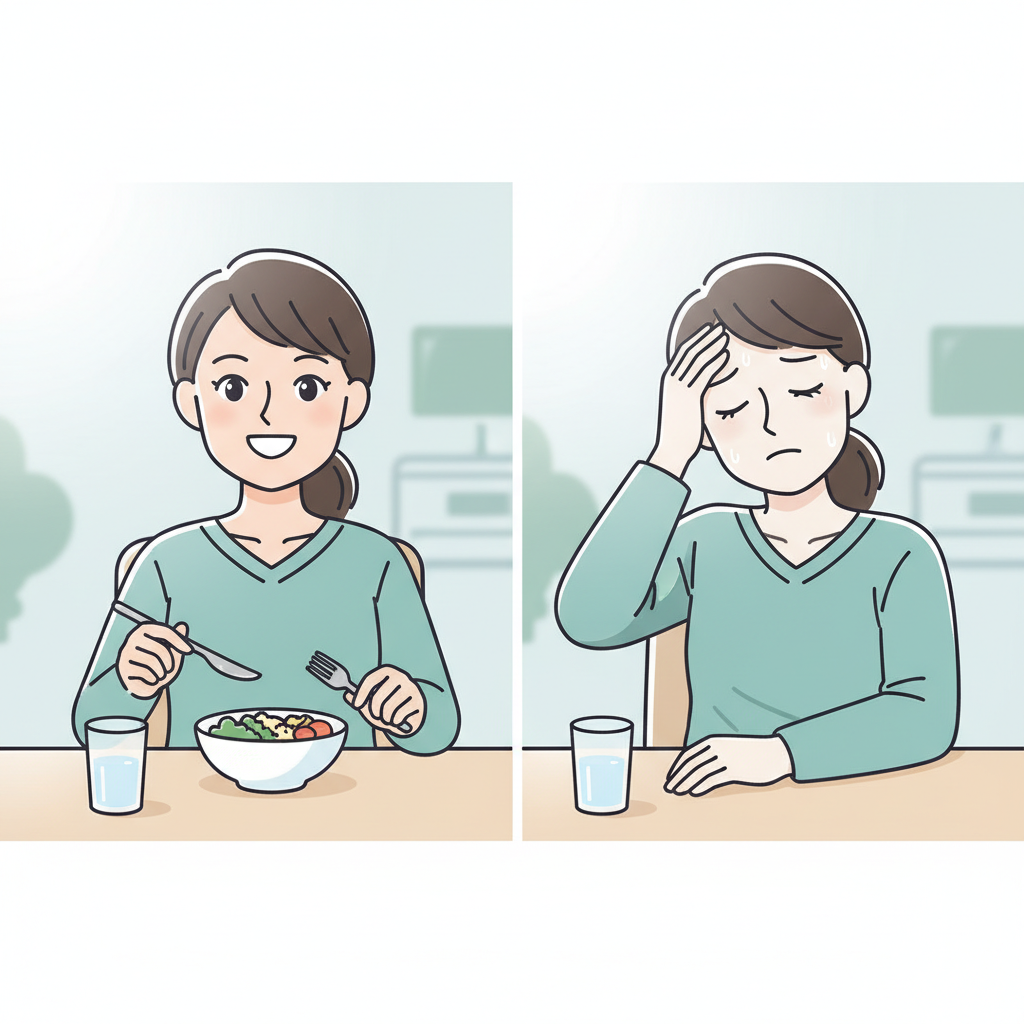 A person feeling dizzy after eating, with swirling visual effects