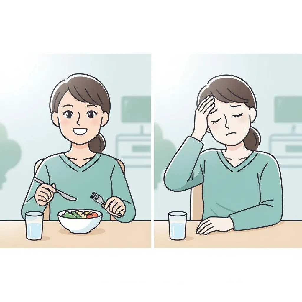 A person feeling dizzy after eating, with swirling visual effects