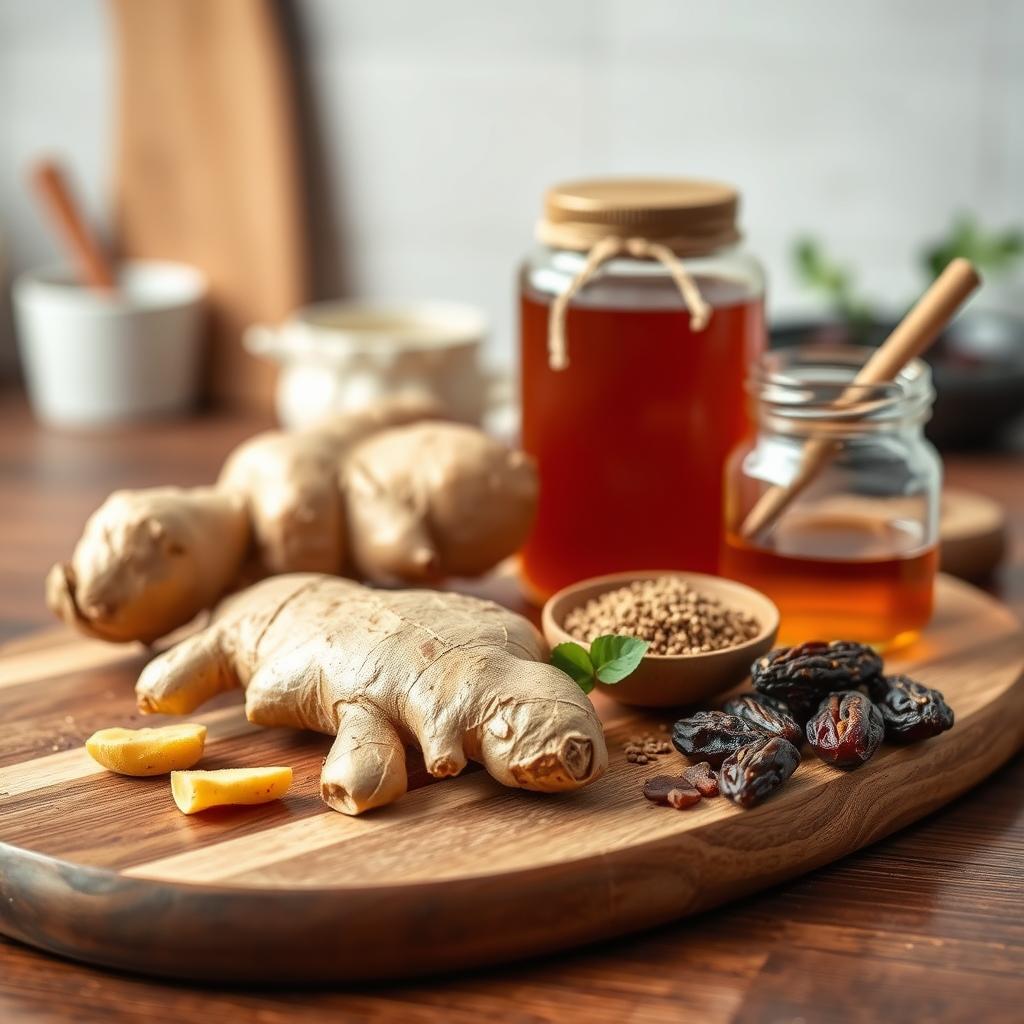 꿀과 생강, 도라지, 대추 등 목감기 민간요법 재료들이 나무 도마 위에 정돈되어 있는 모습