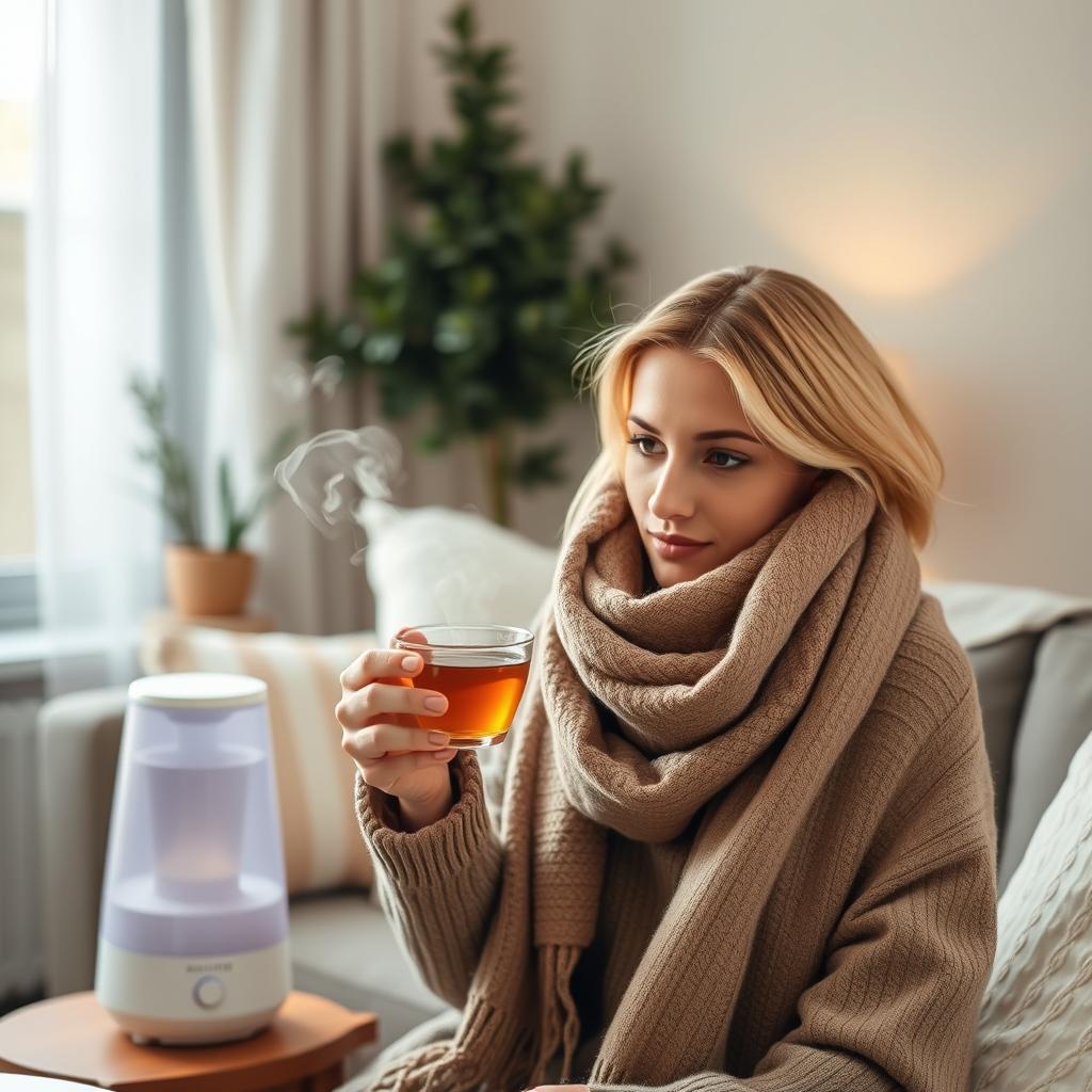 가습기가 작동하고 있는 따뜻한 실내에서 스카프를 두르고 따뜻한 차를 마시는 모습