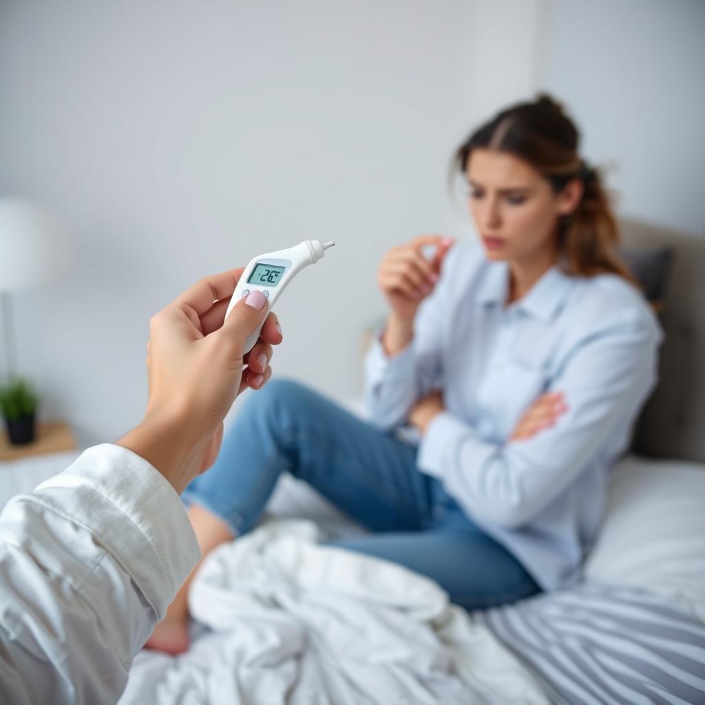 체온계로 열을 재고 있는 환자가 병원 방문을 고려하는 모습