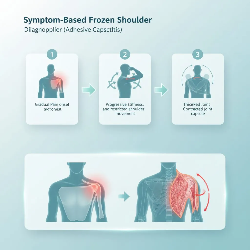 A person pointing to different areas of their shoulder to indicate pain, with question marks around them.