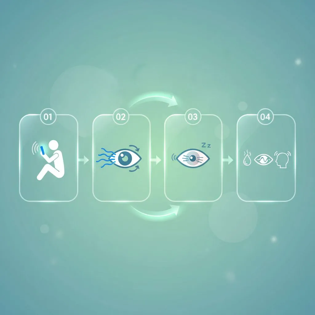 A person with tired eyes, rubbing their temples, looking at a glowing smartphone screen in a dimly lit room