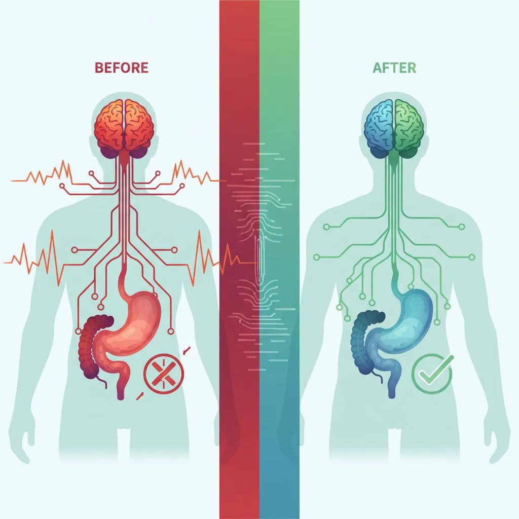 Stylized illustration of the gut-brain axis, showing connection between stomach and brain