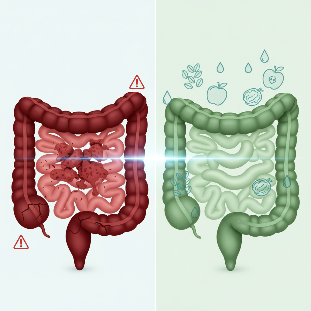 A vibrant and appealing flat lay of various fruits and vegetables known to aid digestion: prunes, kiwis, apples, oats, spinach, and a glass of water.