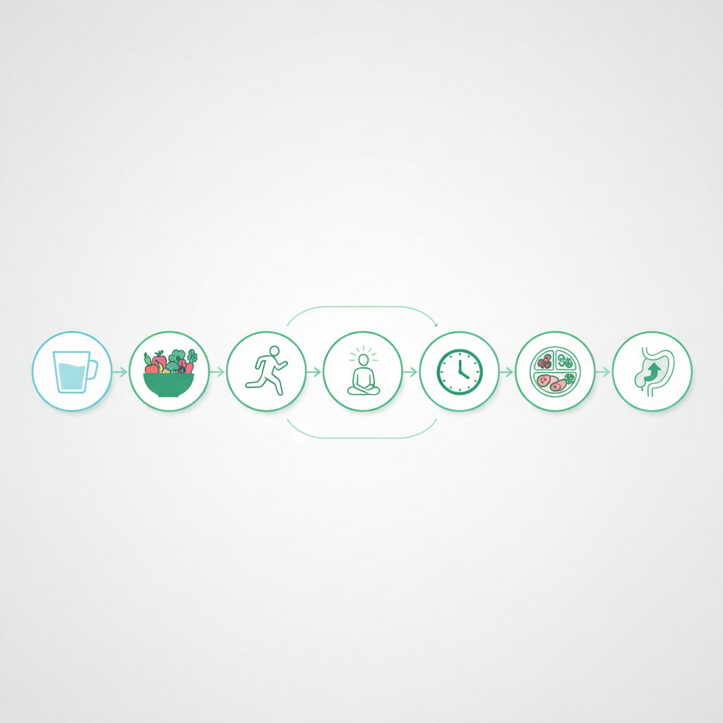 A person engaging in light stretching and drinking water, symbolizing a healthy lifestyle for improved digestion.