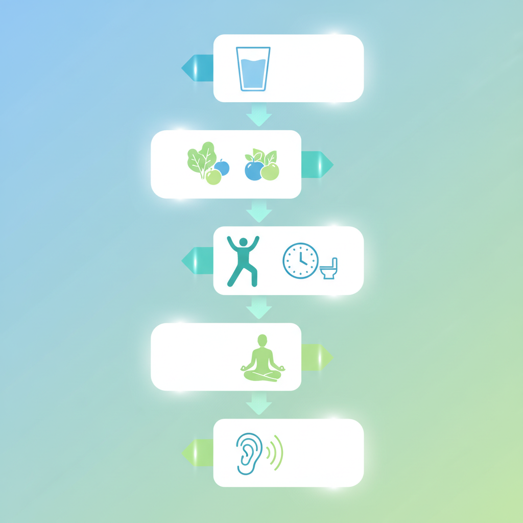 A checklist with green checkmarks next to various healthy habits, such as drinking water, eating fiber, and exercising.