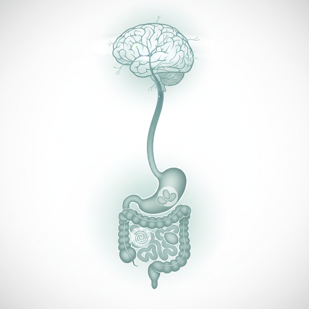 Person feeling stomach pain and stress, with thought bubbles showing work deadlines and anxious thoughts