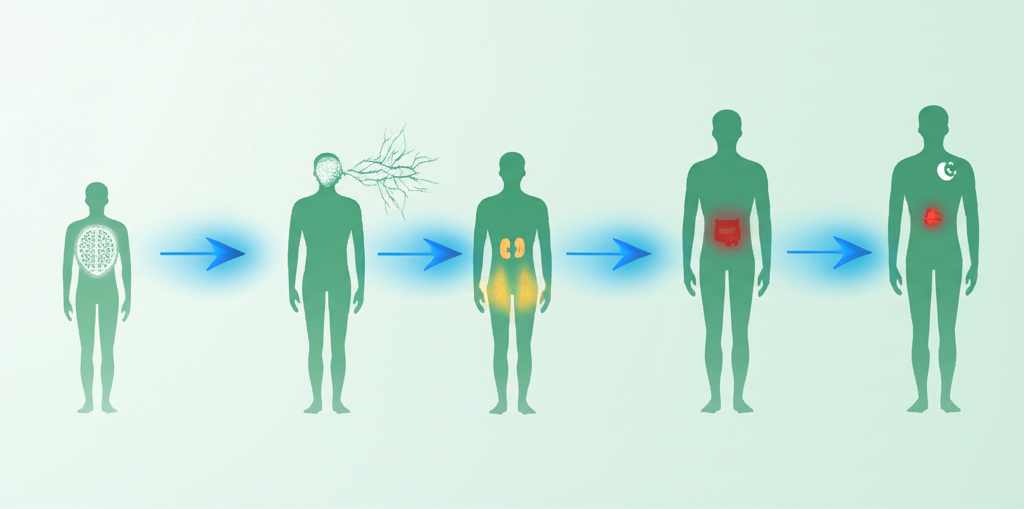 An anxious person holding their chest, looking stressed, with abstract visual representations of racing thoughts and heart palpitations around them.