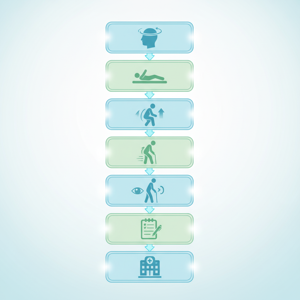 A person sitting on a bed and slowly standing up, demonstrating careful movement to manage dizziness.