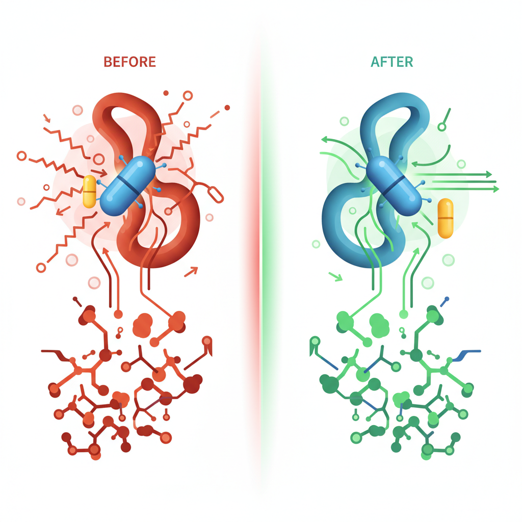 A visual representation of complex biochemical interactions between a medication pill and a supplement capsule inside a human body, with arrows indicating various metabolic pathways and potential interference points.