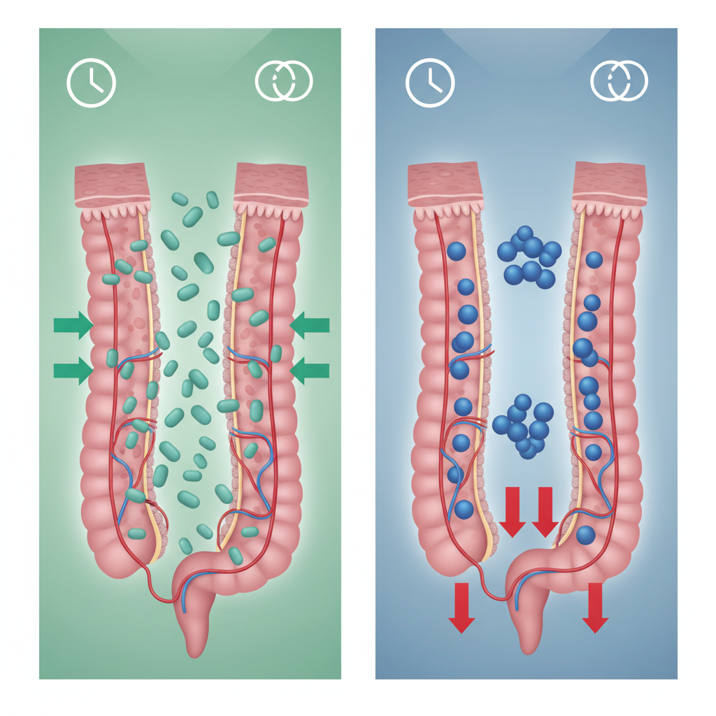 A pharmacist consultation desk with a pharmacist talking to a patient about different medication bottles and supplement packets, emphasizing professional advice.