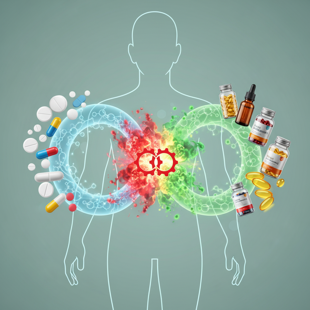 A pharmacy counter with various prescription medications and health supplements, illustrating the concept of mixing them.