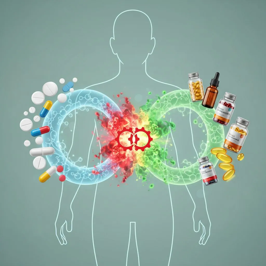 A pharmacy counter with various prescription medications and health supplements, illustrating the concept of mixing them.