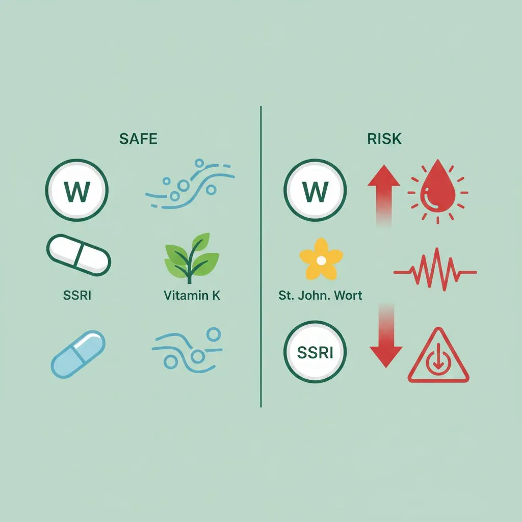 A diagram illustrating molecular interactions between a drug and a supplement, highlighting areas of potential conflict or enhancement.