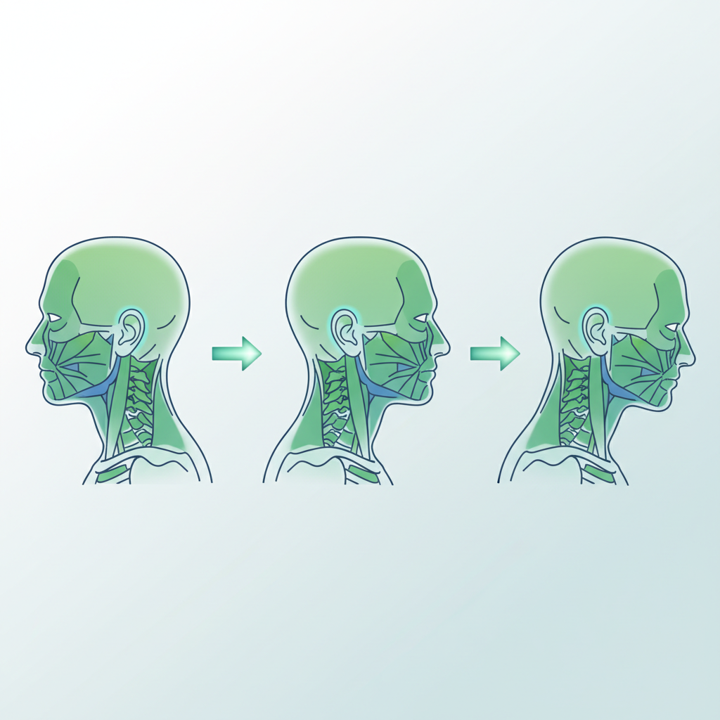 Illustration showing a person with forward head posture compared to a person with healthy posture, highlighting the cervical spine curvature.