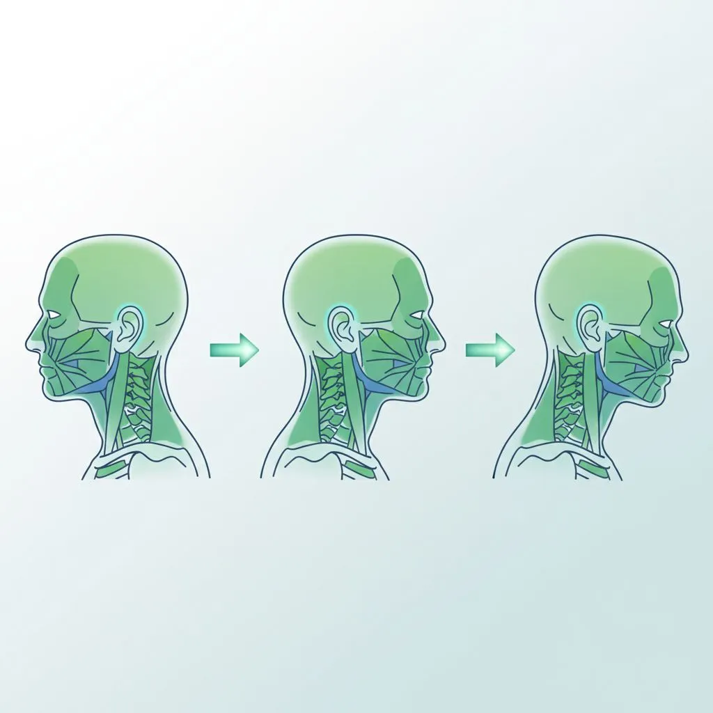 Illustration showing a person with forward head posture compared to a person with healthy posture, highlighting the cervical spine curvature.
