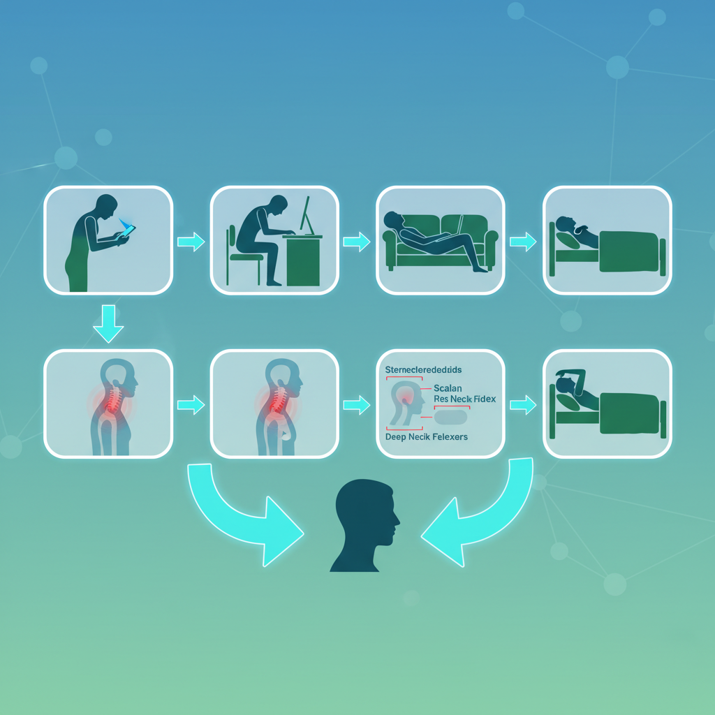 Infographic illustrating common causes of text neck, such as looking down at a smartphone, poor office ergonomics, and slouched posture.
