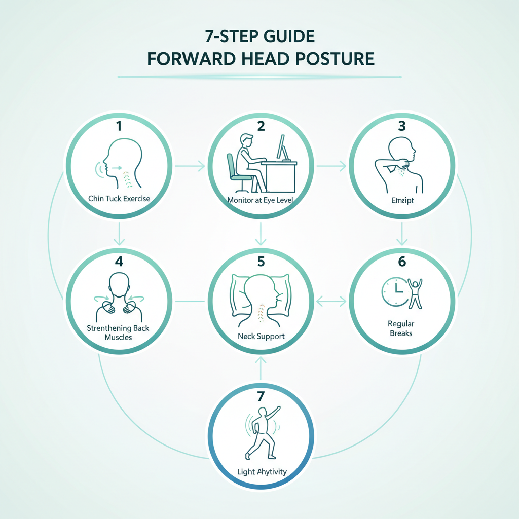 A sequence of illustrations demonstrating the 7-step guide, including chin tucks, shoulder blade squeezes, and proper monitor setup.