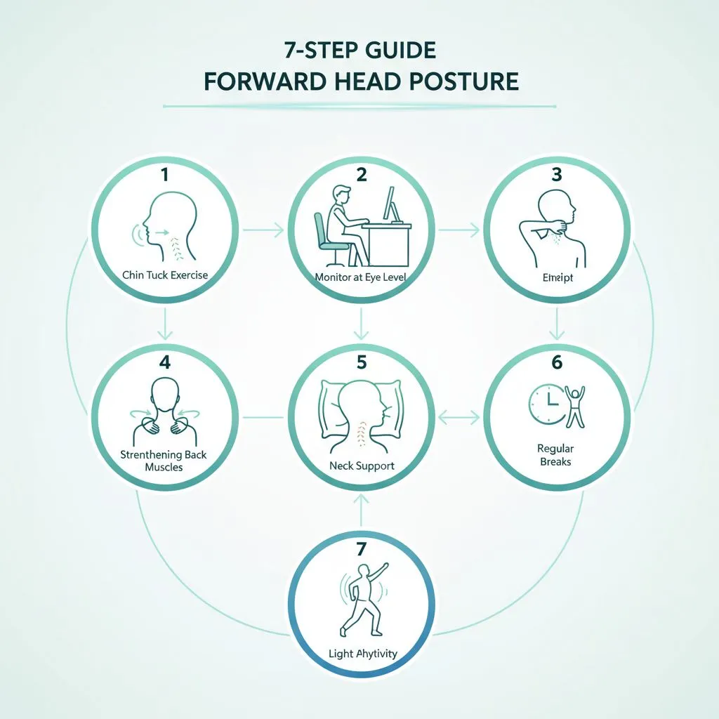 A sequence of illustrations demonstrating the 7-step guide, including chin tucks, shoulder blade squeezes, and proper monitor setup.