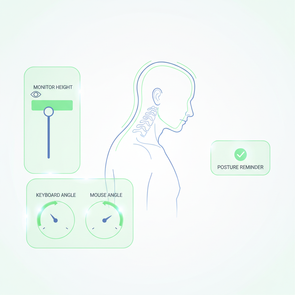 A collage of various ergonomic tools for posture correction, such as an an ergonomic chair, monitor stand, and a posture corrector.