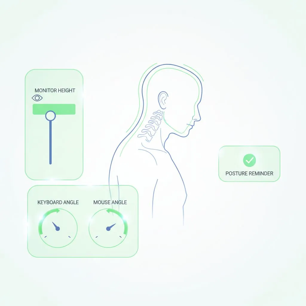 A collage of various ergonomic tools for posture correction, such as an an ergonomic chair, monitor stand, and a posture corrector.