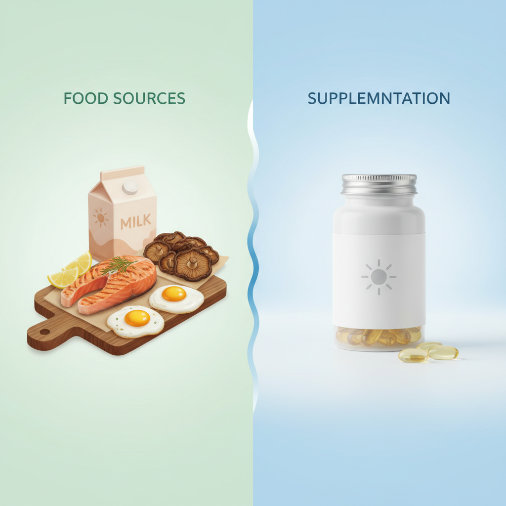 A plate of salmon, eggs, and mushrooms, representing vitamin D-rich foods, next to a bottle of vitamin D supplements.