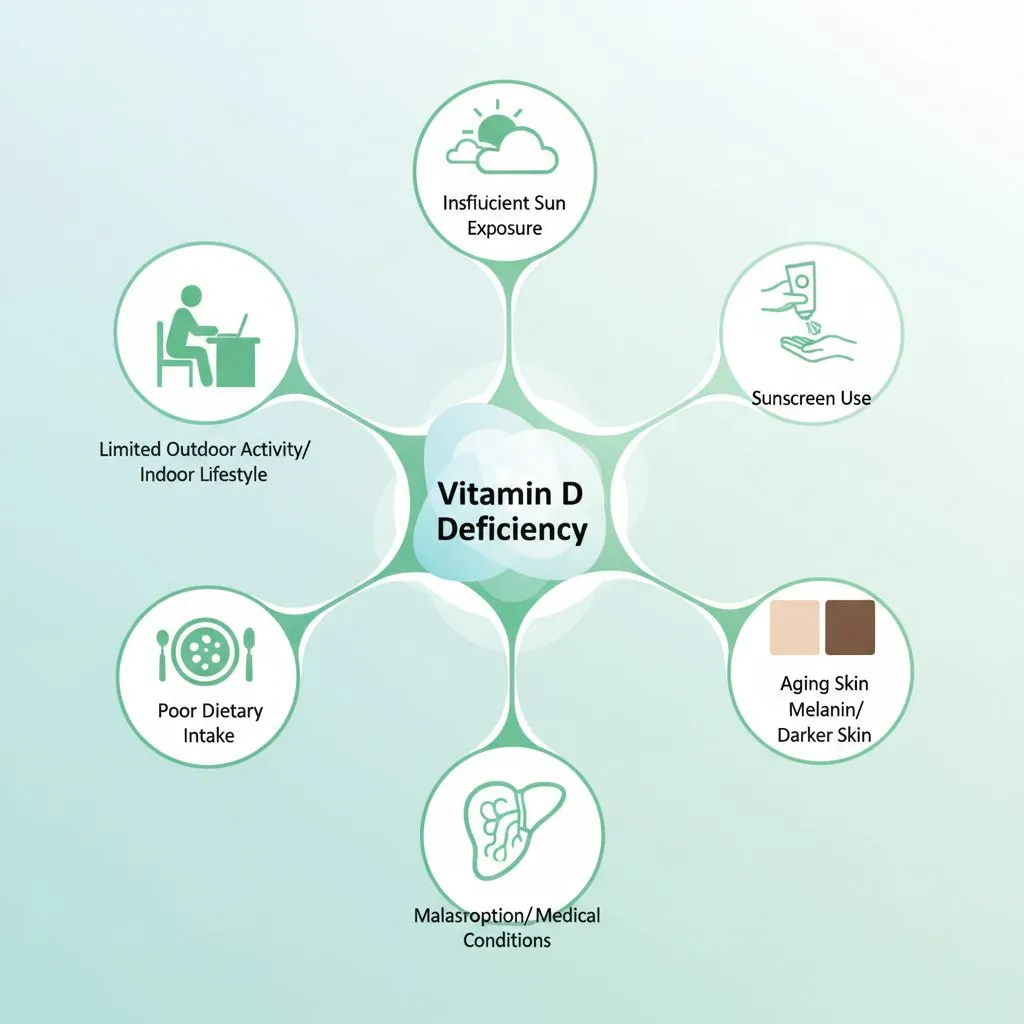 Various factors contributing to vitamin D deficiency, such as desk work, cloudy weather, and sunscreen use