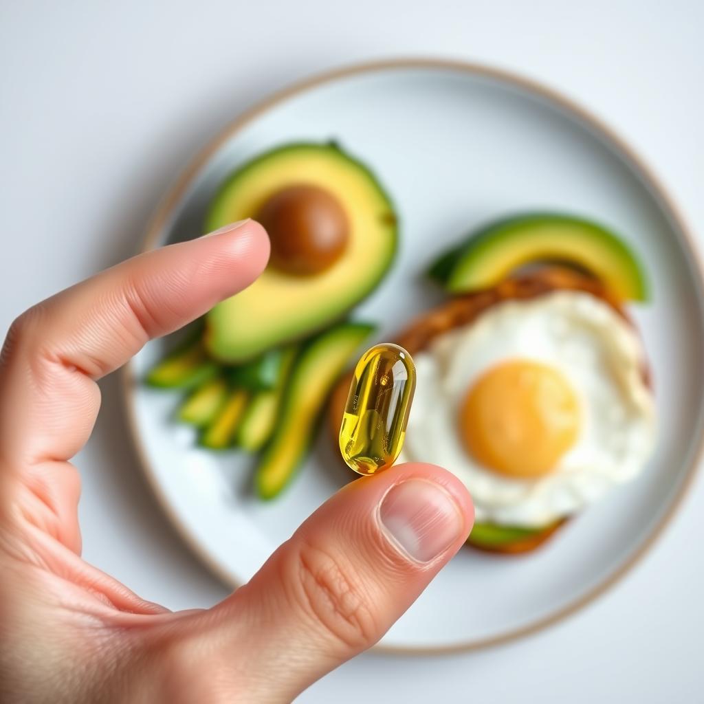 아침 식사와 함께 비타민D 소프트젤 캡슐을 복용하는 모습