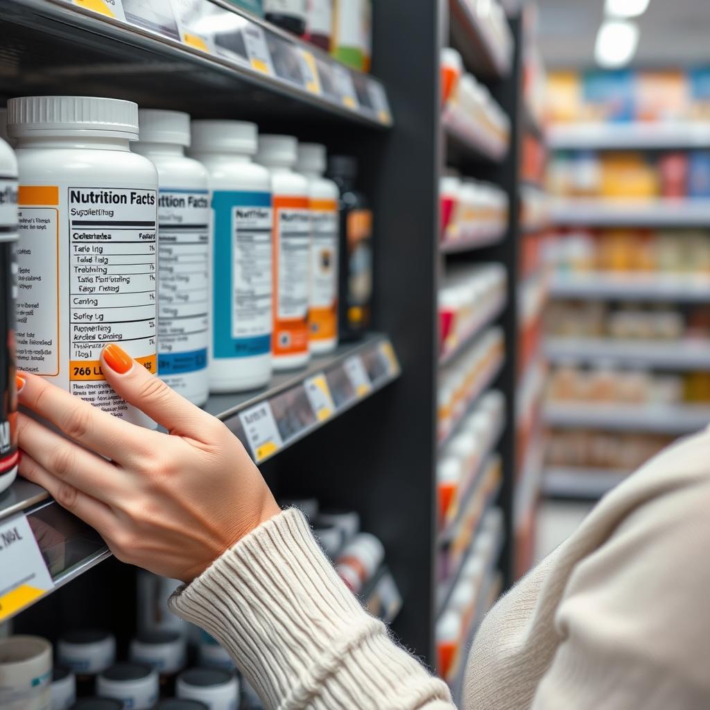 약국 진열대에서 비타민D 영양제 라벨 성분표를 꼼꼼히 확인하는 모습